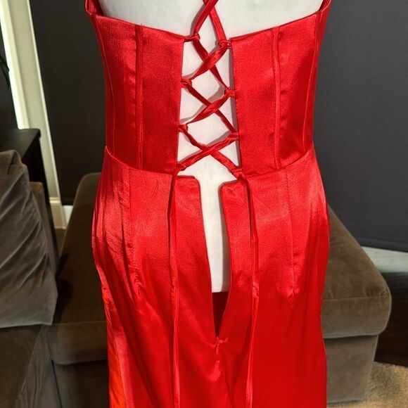 Red Satin Full Length Prom Party Formal Dress CrissCross Straps Leg Slit Size 8 - Picture 8 of 14